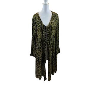 Chantik Brand Tie Front Green Leopard Print Long Sleeve Duster Top Size XL‎